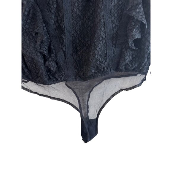 Free People Womens Medium Lace Bodysuit Black Long Sleeve Sheer Diamond Pattern - Picture 7 of 10